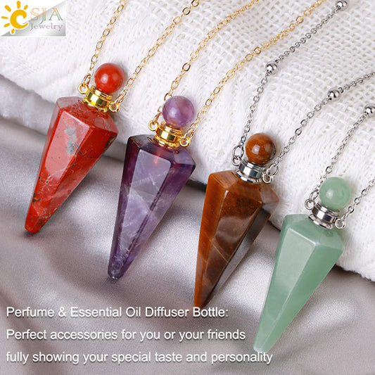 Natural Stone Cone Perfume Bottle Necklace – Clear Quartz Crystal Pendant & Essential Oil Diffuser