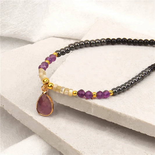 40cm Drop Pendant Necklace – Natural Quartz Stone Beaded Charm for Women